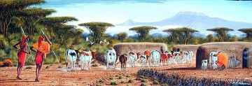 Ndeveni Maasai Moran et les vaches à Manyatta Huge Peinture à l'huile